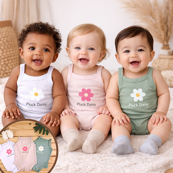 Kit 3 Bodies Bebê Menina Verão/Meia-Estação | Alcinha Regata Algodão | Pluck Daisy | RN P M G