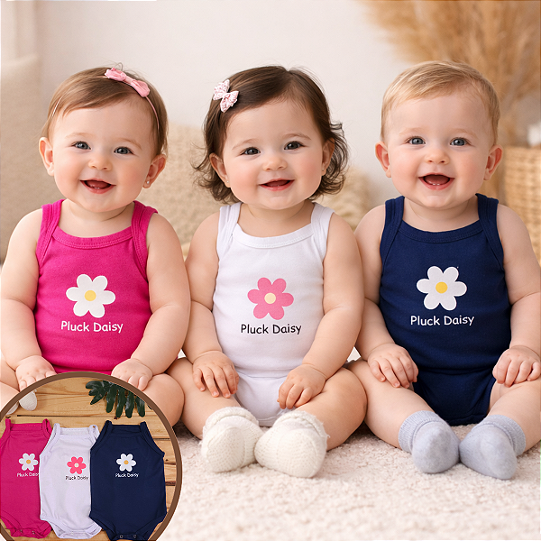 Kit Body Bebê Menina 3 Peças | Regata de Alcinha Algodão | Estampa Flor + Pluck Daisy | RN P M G