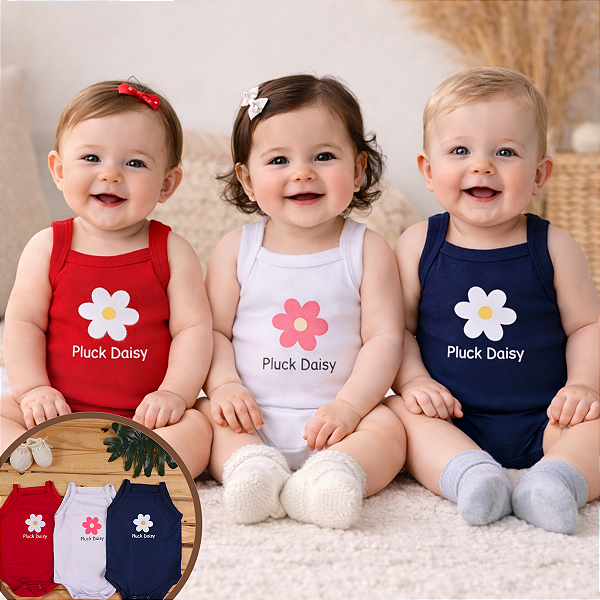 Kit Body Bebê Menina 3 Peças | Regata de Alcinha Algodão | Estampa Flor + Pluck Daisy | RN P M G