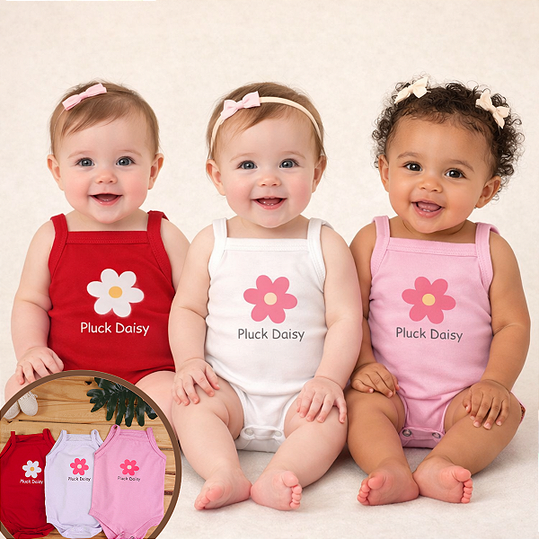 Kit Body Bebê Menina 3 Peças | Regata de Alcinha Algodão | Estampa Flor + Pluck Daisy | RN P M G