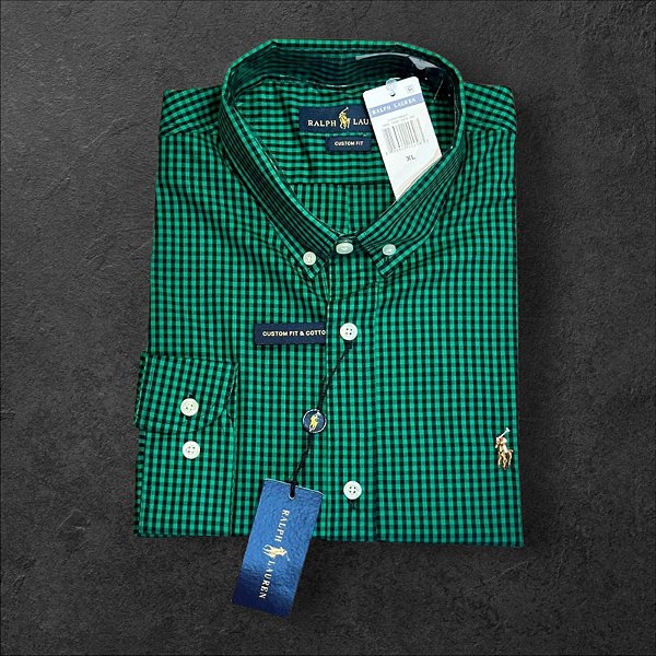 Camisa Xadrez Ralph Lauren Masculina Custom Fit Verde e Preto