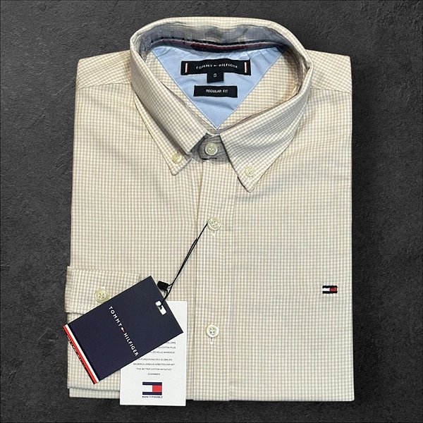 Camisa Xadrez Bege Gingham Tommy Hilfiger Masculina Regular Fit