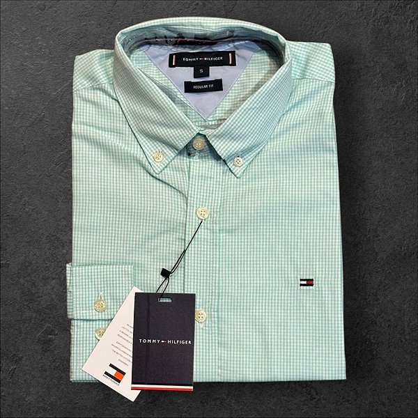 Camisa Verde Claro Gingham Tommy Hilfiger Masculina Regular Fit