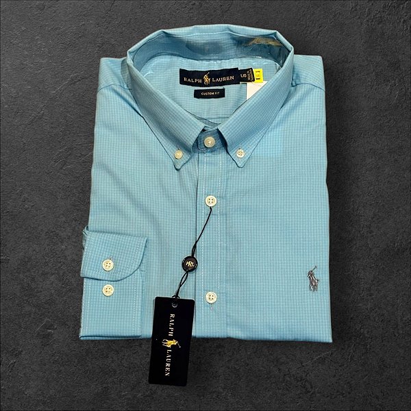 Camisa Xadrez Ralph Lauren Masculina Custom Fit Azul Claro