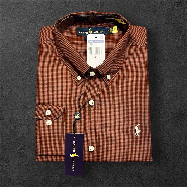 Camisa Xadrez Ralph Lauren Masculina Custom Fit Marrom