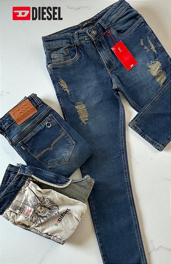 Calça Jeans Diesel Masculina Destroyed Azul Médio
