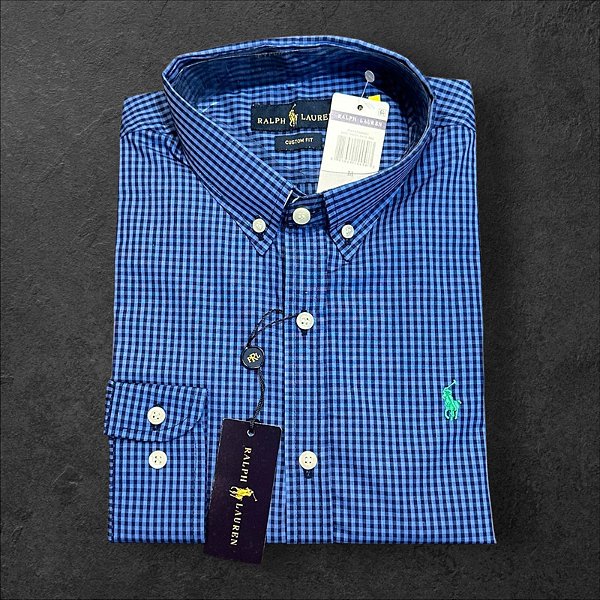 Camisa Xadrez Ralph Lauren Masculina Custom Fit Azul