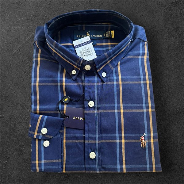 Camisa Xadrez Ralph Lauren Masculina Custom Fit Azul Marinho