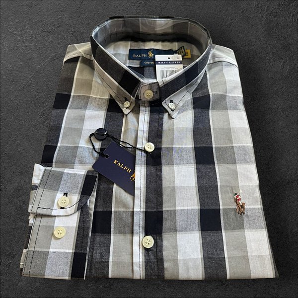 Camisa Xadrez Ralph Lauren Masculina Custom Fit Preto e Cinza