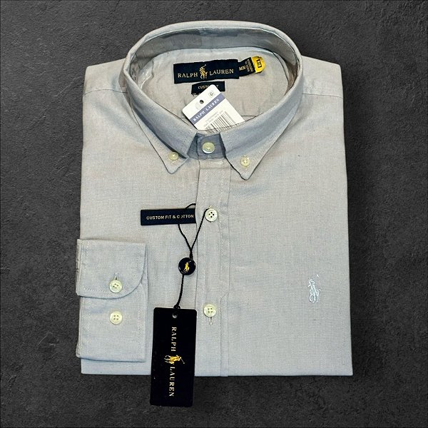 Camisa Oxford Ralph Lauren Masculina Custom Fit Cinza