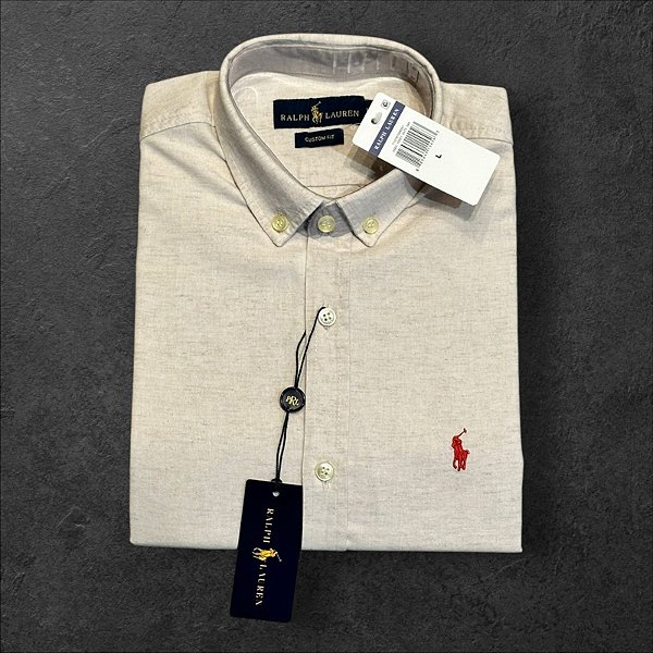 Camisa Oxford Ralph Lauren Masculina Custom Fit Cinza Claro