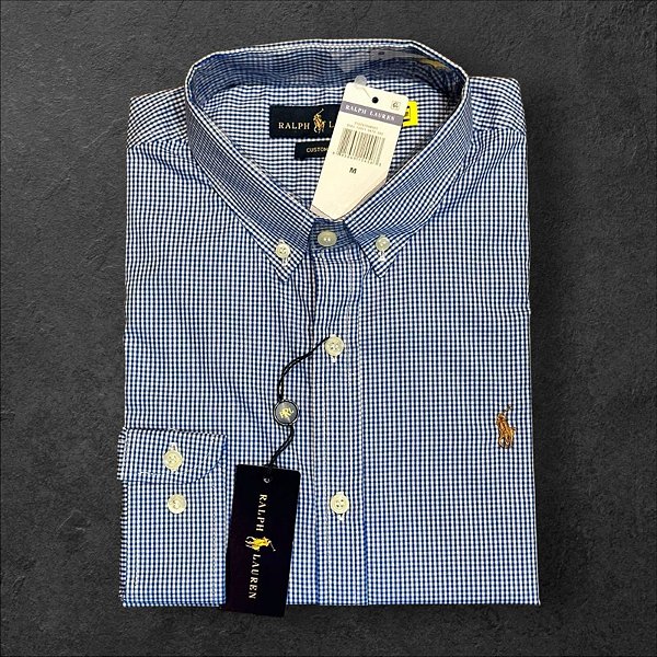 Camisa Xadrez Ralph Lauren Masculina Custom Fit Azul