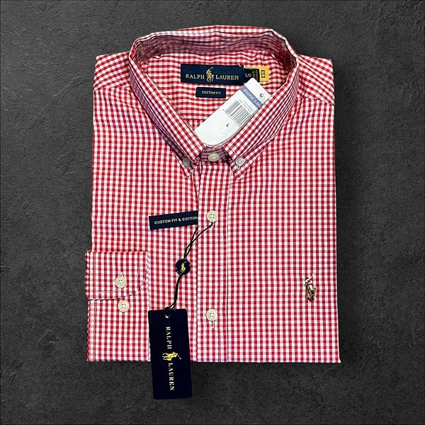 Camisa Xadrez Ralph Lauren Masculina Custom Fit Vermelha