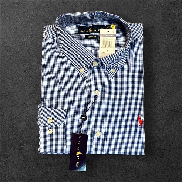 Camisa Xadrez Ralph Lauren Masculina Custom Fit Azul