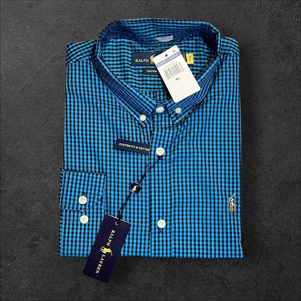 Camisa Xadrez Ralph Lauren Masculina Custom Fit Azul