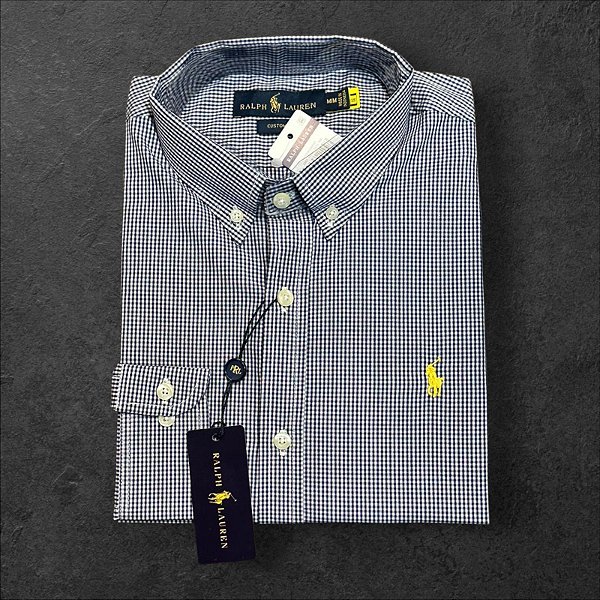 Camisa Xadrez Ralph Lauren Masculina Custom Fit Azul e Branco