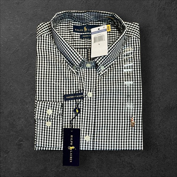 Camisa Xadrez Ralph Lauren Masculina Custom Fit Preto e Branco