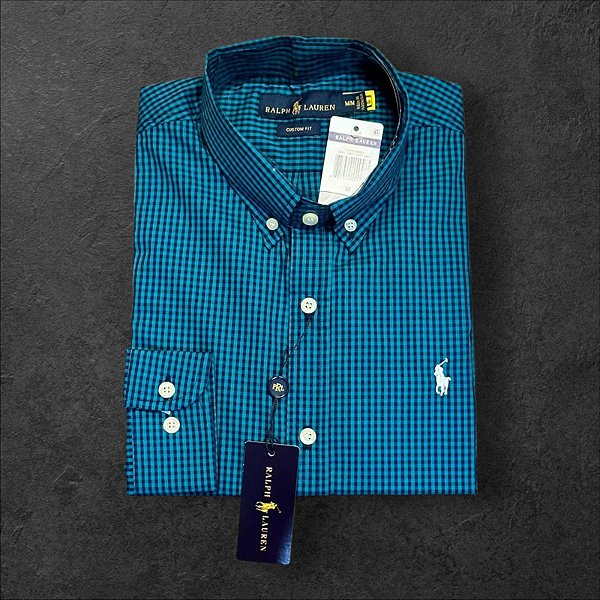 Camisa Xadrez Ralph Lauren Masculina Custom Fit Azul Turquesa