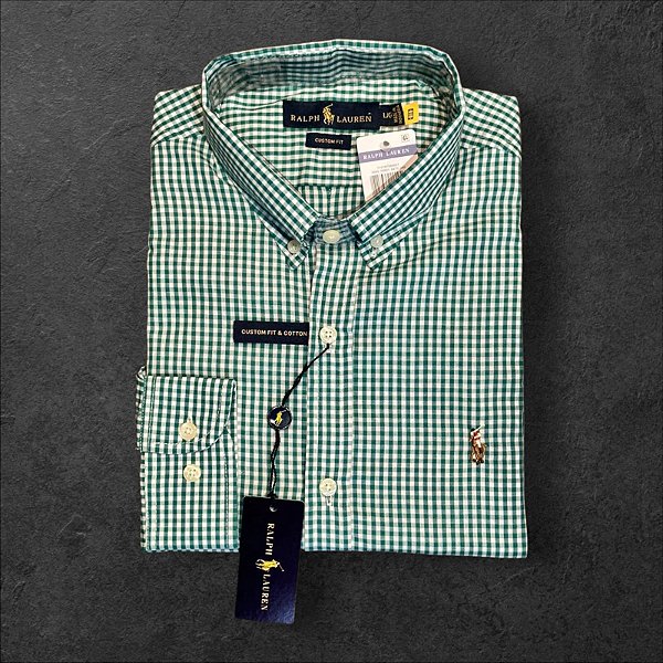 Camisa Xadrez Ralph Lauren Masculina Custom Fit Verde Musgo