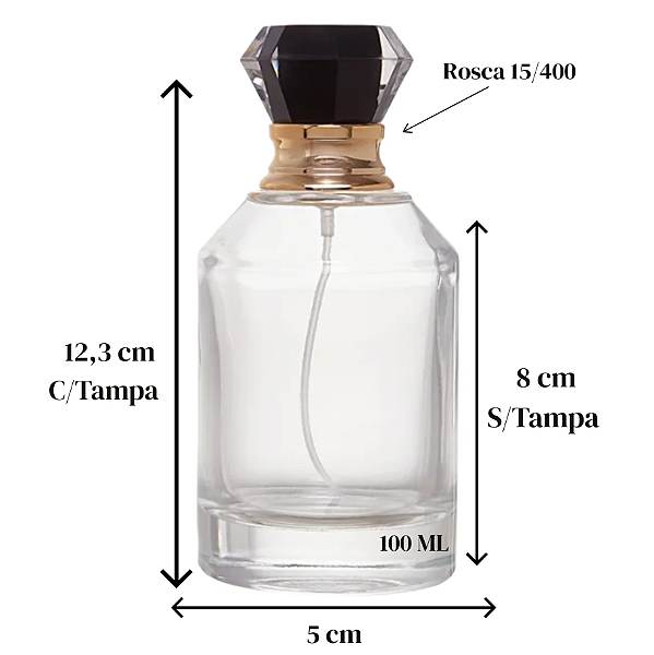 FRASCO DE VIDRO PERFUME FORTUNA TAMPA PRETA 100ML