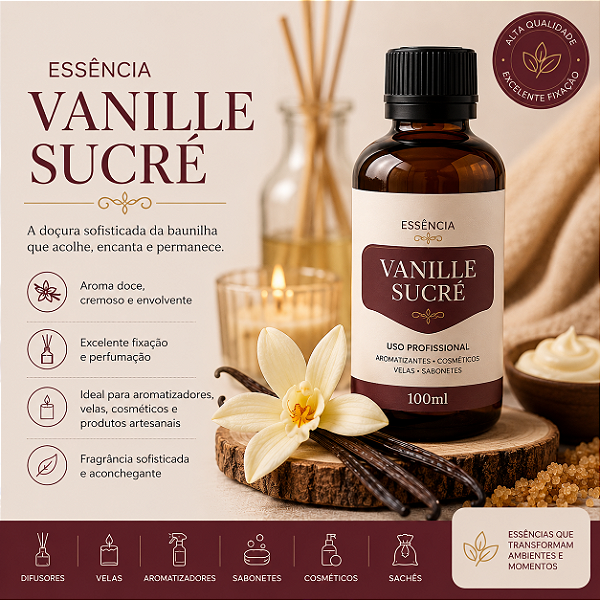 VANILLE SUCRÉ 100ML ESSÊNCIA LIPOSOLÚVEL - PREMIUM E CONCENTRADA PARA VELAS, SABONETES E COSMÉTICOS ARTESANAIS