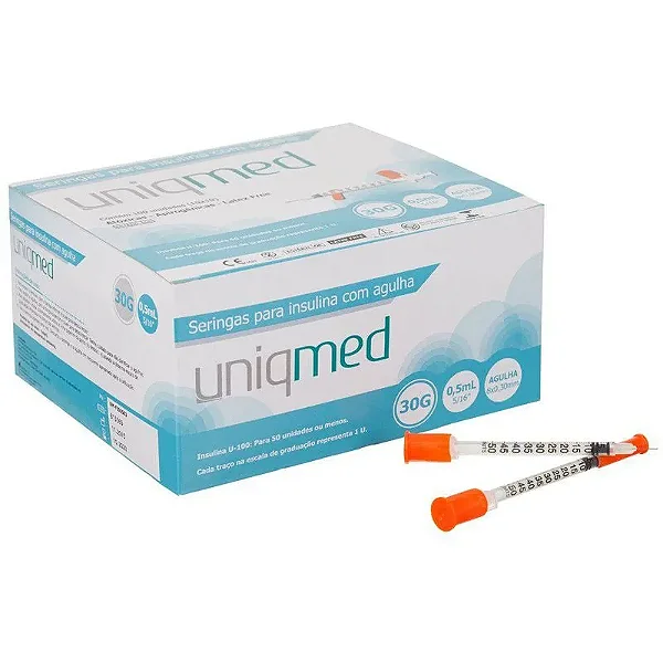 SERINGA INSULINA C/ AGULHA 0,5ML 8MM X 30G UNIQMED CX 100 UN