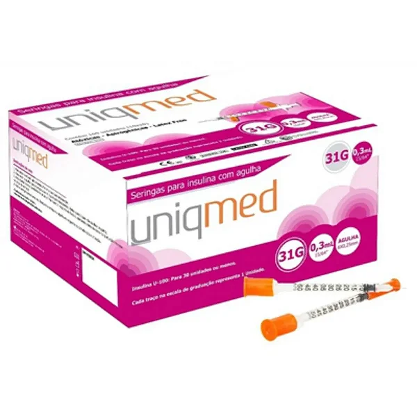 SERINGA INSULINA C/ AGULHA 0,3ML 6MM X 31G UNIQMED CX 100 UN