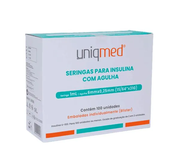 SERINGA INSULINA C/ AGULHA 1ML 6MM X 0,25MM 31G UNIQMED CX 100 UN