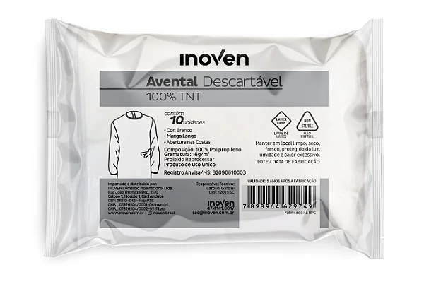 AVENTAL DESCARTAVEL TNT MANGA LONGA 15G PCT 10UN