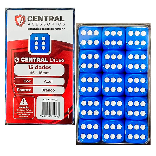 Central Dice - d6 de 16mm: Opaco Azul e Branco