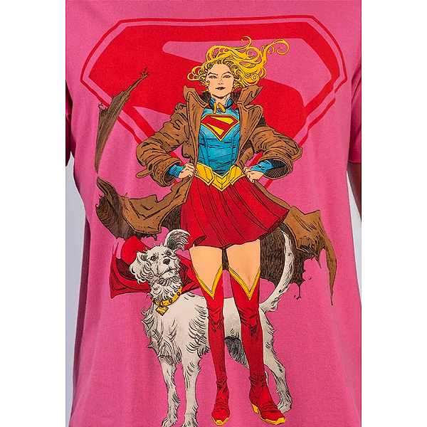 Camiseta Piticas DC Comics Supergirl e Krypto Cor Rosa