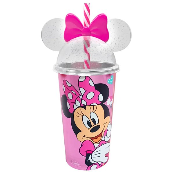 Copo Infantil Disney Mickey Minnie Com Canudo Tampa Orelha Rosa
