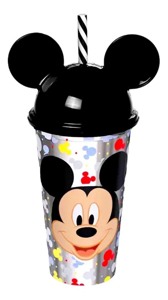 Copo Infantil Mickey Mouse Com Orelhas E Canudo Disney 500ml Colorido