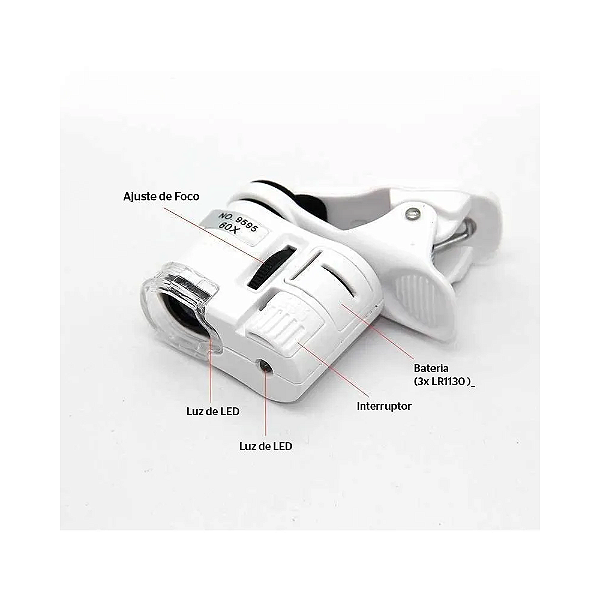 Microscópio Portátil com iluminação de led para Celular com Aumento de até 60x, Clipe Universal - Marca Lorben