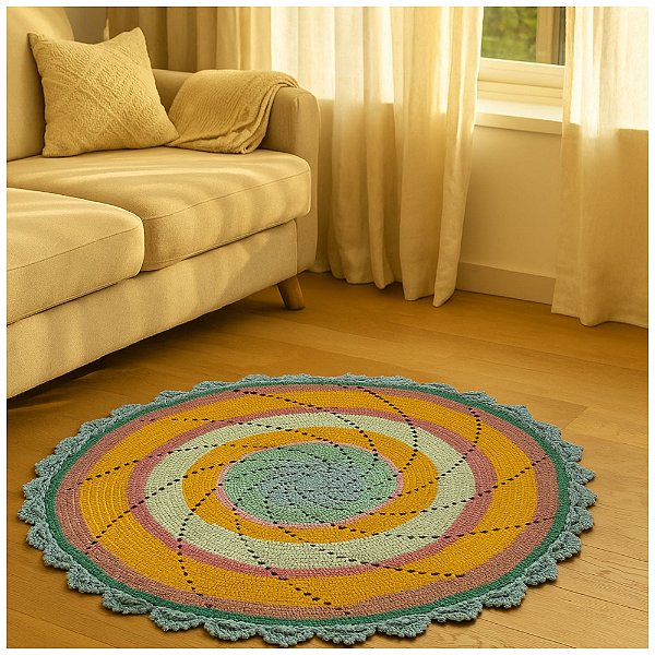 Tapete Redondo em Crochê com Bordas Rendadas e Espiral Multicolor