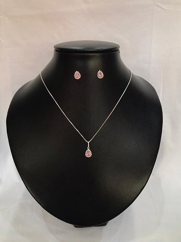 Conjunto Gota de Luz Rosa – Corrente Veneziana 45cm + Brinco Cravejado