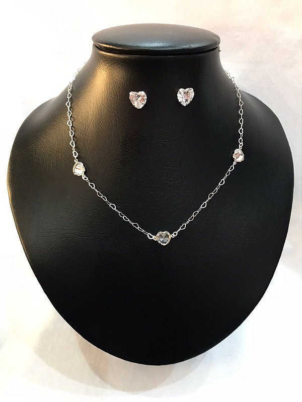 Conjunto Elo Coração com Zircônias – Colar 40cm + Brinco Cravejado
