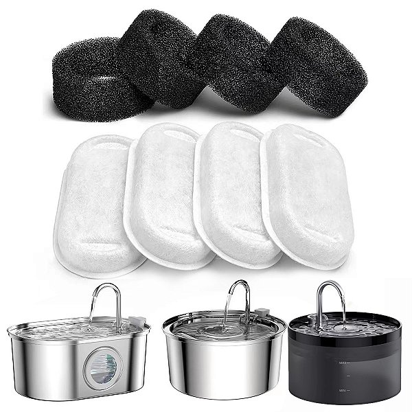 Embalagem com 4 Filtros de Carbono Ativado + 4 Filtros de Espuma para Fonte de Água Aço Inox NewPet