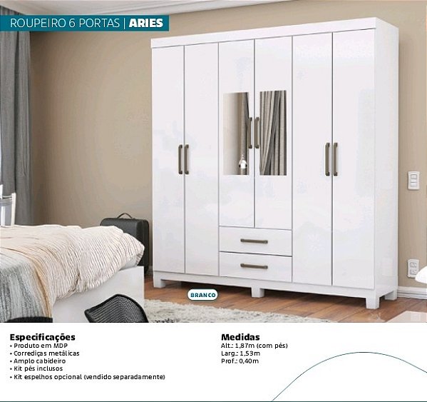 Roupeiro 6 Portas Aries com Kit Pés e Espelhos Inclusos