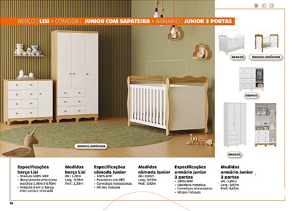 Berço Lisi + Cômoda Junior + Armário 3 Portas