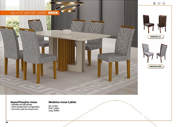 SALA DE JANTAR SOFIA 1,60M COM 6 CADEIRAS ZEUS
