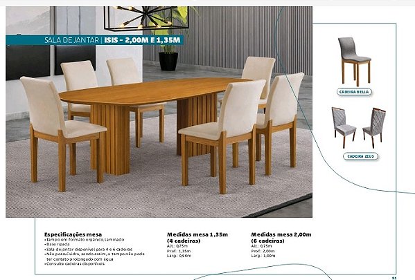 Sala de Jantar Ísis 2,00m com 6 Cadeiras Zeus