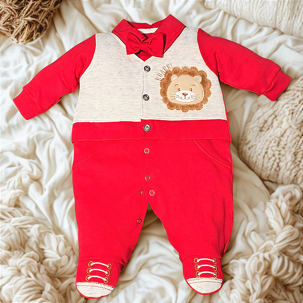 Macacão Vermelho com Gravatinha Menino - Estampa Leão RN