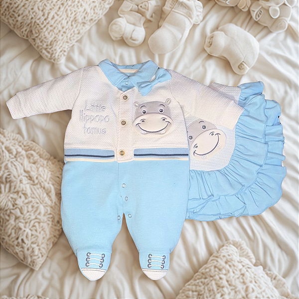 Saída de Maternidade Menino Algodão - Off White e Azul - Premium