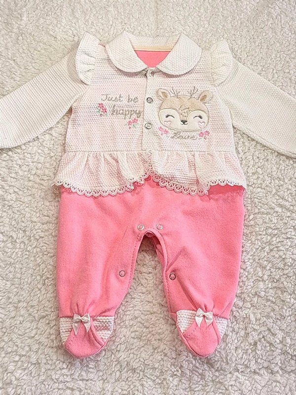 Macacão de Menina Branco com Rosa - Algodão 100% Premium RN