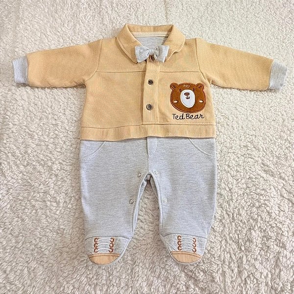 Macacão Bebê Menino - Bege Cinza - Bordado Ursinho