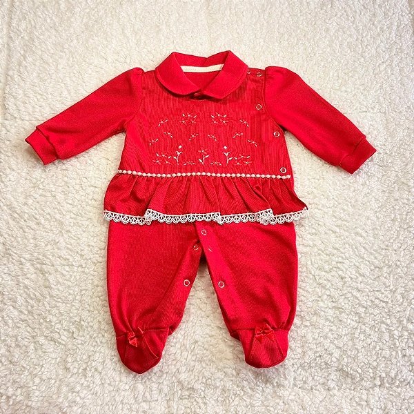 Macacão Bebê Menina Luxo Vermelho Algodão