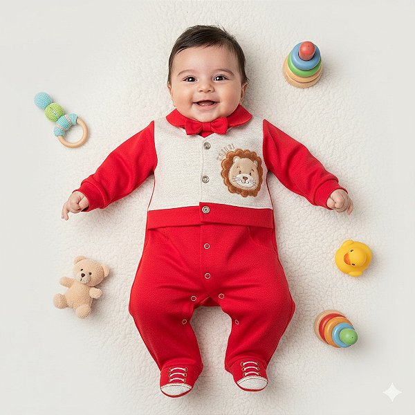 Macacão de Bebê Menino - Vermelho com Gravatinha - Estampa Leão