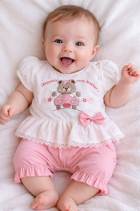 Macacão Bebê Menina Curto Verão Ursinha 100% Algodão Suedine Conforto -