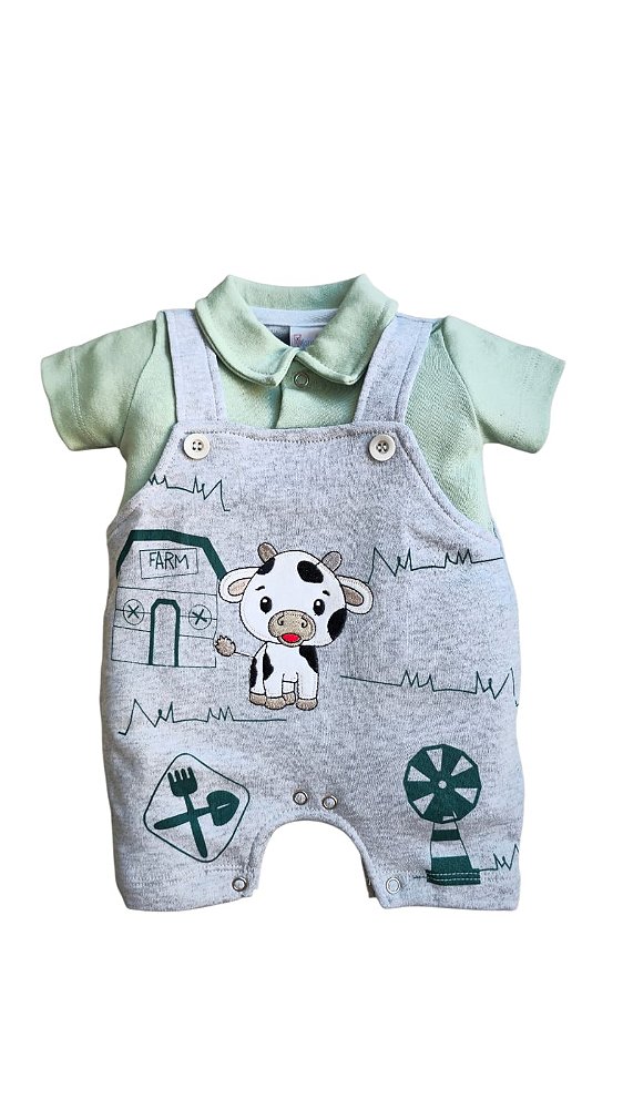 Macacão Verão Bebê Menino 100% Algodão Bordado Vaquinha Fazenda Roupa Infantil Confortável